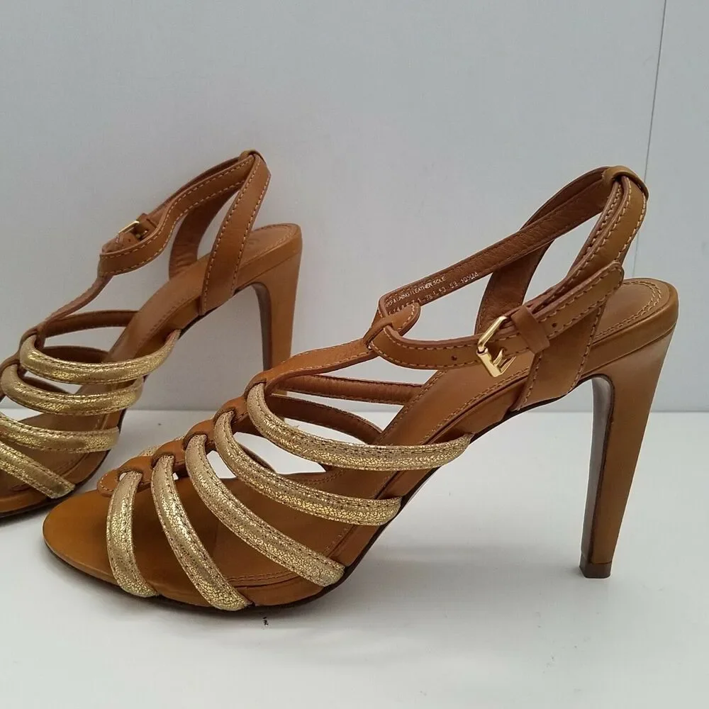 Tory Burch Women sandals High Heel Brown gold leather strappy Charlene 10.5 new